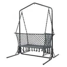 Gardeon Hammock Chair with Stand, Macrame 2-Seater, Polyester-Cotton, Grey, 120x70x120cm, Indoor/Outdoor Relaxation