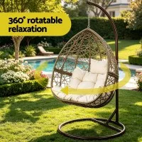Gardeon Outdoor Egg Swing Chair - Handcrafted Wicker, 360° Rotatable, Anti-Rust Frame, Soft Cushion, 150kg Capacity