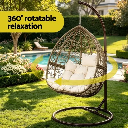 Gardeon Outdoor Egg Swing Chair - Handcrafted Wicker, 360° Rotatable, Anti-Rust Frame, Soft Cushion, 150kg Capacity