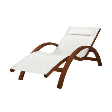 Gardeon Sun Lounge Timber Armchair: Durable Larch Wood Frame, Cream Textilene Mesh, UV Resistant, 72x165x65cm