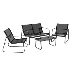 Gardeon Outdoor Sofa Set - 4-Piece Lounge with Tempered Glass Table, Weather-Resistant Textilene, Steel Frame, Black