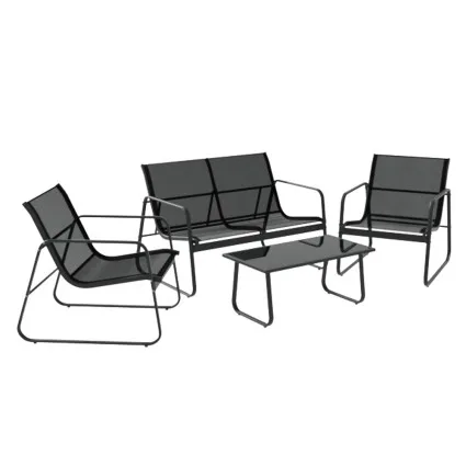 Gardeon Outdoor Sofa Set - 4-Piece Lounge with Tempered Glass Table, Weather-Resistant Textilene, Steel Frame, Black