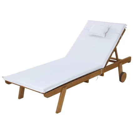 Gardeon Sun Lounge Wooden Lounger: Fir Wood, Adjustable Backrest, White Cushion, Wheels, 195x68x89cm, 300kg Capacity