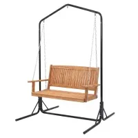 Gardeon Wooden 2-Seater Swing Chair with Stand Teak Finish 200kg Capacity Hanging Patio Seat for Two Adults