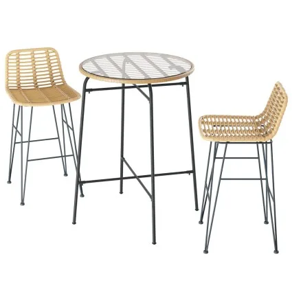 Gardeon 3-Piece Outdoor Bar Set: UV-Resistant Wicker, Tempered Glass Table, Adjustable Feet, Steel Frame, Easy Assembly