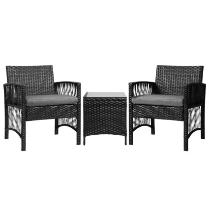 Gardeon 3PC Outdoor Bistro Set: UV-Resistant PE Wicker, Galvanised Steel, 5cm Cushions, Tempered Glass Table, Black