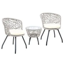 Gardeon 3PC Outdoor Bistro Set with Weather-Resistant Rattan, Tempered Glass Table, and Cushioned Grey Chairs for Patio