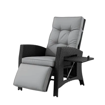 Gardeon Outdoor Recliner Chair with Adjustable Backrest Footrest and Side Table Black Wicker Patio Lounger