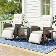 Gardeon 3 Piece Outdoor Wicker Recliner Chair and Side Table Set Brown Adjustable Weather Resistant