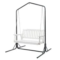 Gardeon Wooden 2-Seater Outdoor Swing Chair with Black Metal Stand White Hanging Bench Seat 200kg Capacity