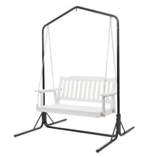 Gardeon Wooden 2-Seater Outdoor Swing Chair with Black Metal Stand White Hanging Bench Seat 200kg Capacity