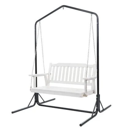 Gardeon Wooden 2-Seater Outdoor Swing Chair with Black Metal Stand White Hanging Bench Seat 200kg Capacity