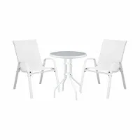 Gardeon 3PC Outdoor Bistro Set White Stackable Textilene Chairs with Tempered Glass Table 3PC Patio Furniture