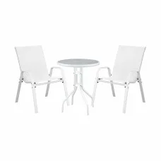 Gardeon 3PC Outdoor Bistro Set White Stackable Textilene Chairs with Tempered Glass Table 3PC Patio Furniture