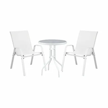 Gardeon 3PC Outdoor Bistro Set White Stackable Textilene Chairs with Tempered Glass Table 3PC Patio Furniture