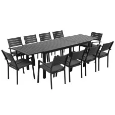 Gardeon 11-Piece Outdoor Dining Set with Extendable Aluminium Table and 10 Chairs Grey Cushions Black