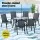 Gardeon 7 Piece Outdoor Dining Set Black—Steel Frame, Mesh Chairs, Tempered Glass Table, Stackable, Weatherproof