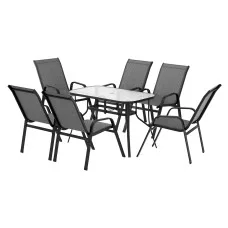 Gardeon 7 Piece Outdoor Dining Set Grey – Steel Frame, Tempered Glass Table, Stackable Chairs, Weather-Resistant
