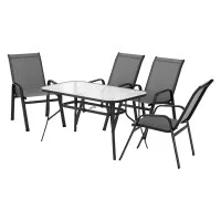 Gardeon 5PC Outdoor Dining Set: Steel Frame, 140x80cm Tempered Glass Table, Stackable Grey Chairs, All-Weather Comfort