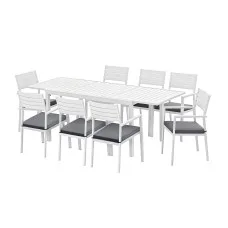 Gardeon 9-Piece Outdoor Dining Set with Extendable Aluminium Table, 8 Chairs and Grey Cushions White
