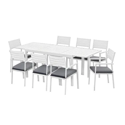 Gardeon 9-Piece Outdoor Dining Set with Extendable Aluminium Table, 8 Chairs and Grey Cushions White