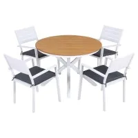 Gardeon 5 Piece Outdoor Dining Set Round WPC Tabletop Aluminium Frame with 4 Stackable Chairs and Cushions
