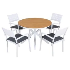 Gardeon 5 Piece Outdoor Dining Set Round WPC Tabletop Aluminium Frame with 4 Stackable Chairs and Cushions