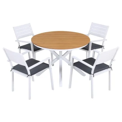 Gardeon 5 Piece Outdoor Dining Set Round WPC Tabletop Aluminium Frame with 4 Stackable Chairs and Cushions