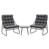 Gardeon 3-Piece Outdoor Bistro Set with Steel Chairs, 9cm Cushion, Tempered Glass Table and Grey Finish