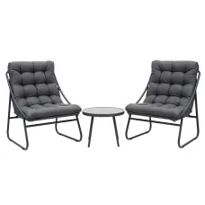 Gardeon 3-Piece Outdoor Bistro Set with Steel Chairs, 9cm Cushion, Tempered Glass Table and Grey Finish