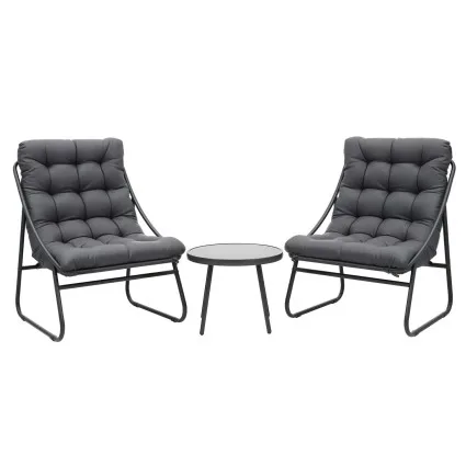 Gardeon 3-Piece Outdoor Bistro Set with Steel Chairs, 9cm Cushion, Tempered Glass Table and Grey Finish