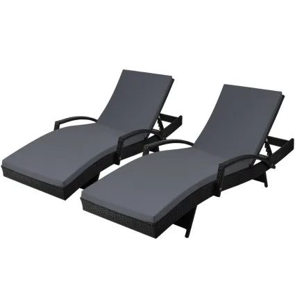 Gardeon 2PC Sun Lounge Wicker Outdoor Beach Chair - Black, Adjustable Backrest, UV & Water-Resistant, 190x70cm