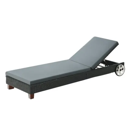 Gardeon Black Wicker Sun Lounge with Wheels - Adjustable Aluminium Frame, UV & Water-Resistant, 185x60cm, 120kg Capacity