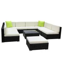 Gardeon 10-Piece Outdoor Sofa Set, Wicker, UV-Resistant, 9-Seater, Black Frame, Beige Cushions, Tempered Glass Table