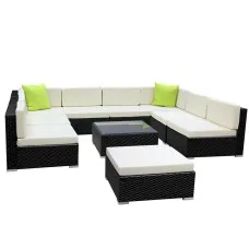 Gardeon 10-Piece Outdoor Sofa Set, Wicker, UV-Resistant, 9-Seater, Black Frame, Beige Cushions, Tempered Glass Table