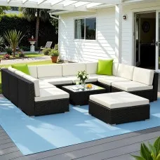 Gardeon 10-Piece Outdoor Sofa Set: UV-Resistant Wicker, Aluminium Frame, Glass Table, Removable Cushion Covers