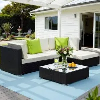 Gardeon 5-Piece Outdoor Sofa Set - UV-Resistant Wicker, Aluminium Frame, Removable Covers, Tempered Glass, Cushions