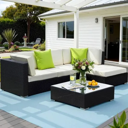 Gardeon 5-Piece Outdoor Sofa Set - UV-Resistant Wicker, Aluminium Frame, Removable Covers, Tempered Glass, Cushions