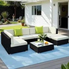 Gardeon 7-Piece Outdoor Sofa Set: Durable UV-Resistant Wicker, Aluminium Frame, Washable Covers, Tempered Glass Table