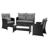 Gardeon 4-Piece Outdoor Sofa Set with Coffee Table, Rattan Furniture, Grey Cushions, Black for Patio and Garden