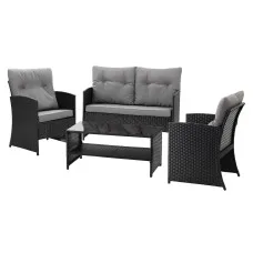 Gardeon 4-Piece Outdoor Sofa Set with Coffee Table, Rattan Furniture, Grey Cushions, Black for Patio and Garden