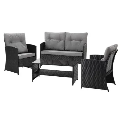 Gardeon 4-Piece Outdoor Sofa Set with Coffee Table, Rattan Furniture, Grey Cushions, Black for Patio and Garden