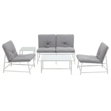 Gardeon 5-Piece Outdoor Sofa Set with Cushions and Glass Tables White Grey