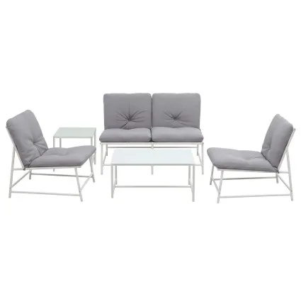 Gardeon 5-Piece Outdoor Sofa Set with Cushions and Glass Tables White Grey