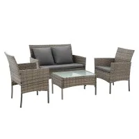Gardeon 4-Piece Outdoor Sofa Set with Pillows Rattan Furniture Grey Washable Covers Tempered Glass Coffee Table