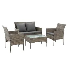 Gardeon 4-Piece Outdoor Sofa Set with Pillows Rattan Furniture Grey Washable Covers Tempered Glass Coffee Table