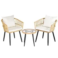 Gardeon 3 Piece Outdoor Bistro Set Natural PE Wicker Patio Furniture with Cushions and Glass Table, 2 Chairs