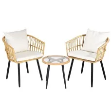 Gardeon 3 Piece Outdoor Bistro Set Natural PE Wicker Patio Furniture with Cushions and Glass Table, 2 Chairs