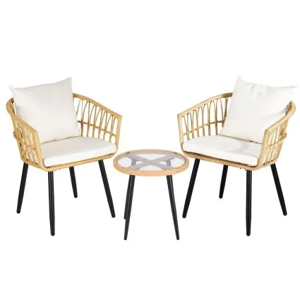 Gardeon 3 Piece Outdoor Bistro Set Natural PE Wicker Patio Furniture with Cushions and Glass Table, 2 Chairs