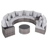 Gardeon 8 Seater Outdoor Sofa Set 11 Piece PE Rattan Furniture with Grey Cushions and Tempered Glass Table